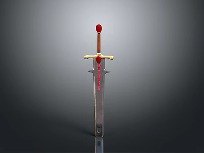 Medieval Decorative Sword With Red Pommel Golden Crossguard And Engraved Red Text On Blade 3d model
