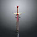 Medieval Decorative Sword With Red Pommel Golden Crossguard And Engraved Red Text On Blade