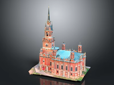 Classical Red Brick Building With Tall Spire Blue Roof Multiple Towers And Ornate Details 3d model