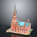 Classical Red Brick Building With Tall Spire Blue Roof Multiple Towers And Ornate Details