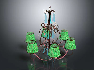 Green Woven Lampshade Chandelier With Bronze Metal Frame And Decorative Accents 3d model
