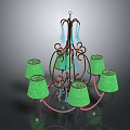 Green Woven Lampshade Chandelier With Bronze Metal Frame And Decorative Accents