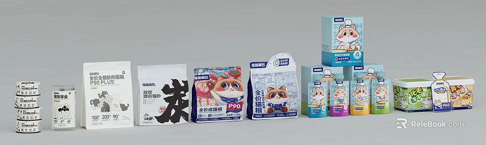 Assorted Pet Food Packages With Complete Nutrition Formulas And Cartoon Cat Dog 3d model 