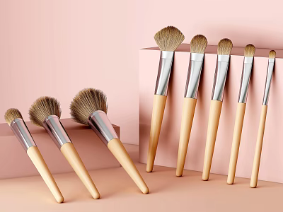 Professional Makeup Brushes With Wooden Handles And Metal Ferrules On Pastel Pink 3d model