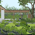 Detached Villa Courtyard Design With Circular Stone Decor And Lush Green Plants