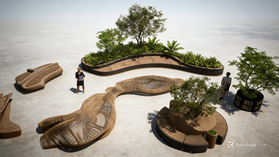 Modern Outdoor Tree Planter With Curved Wooden Structure And Green Plants 3d model 