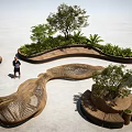 Modern Outdoor Tree Planter With Curved Wooden Structure And Green Plants