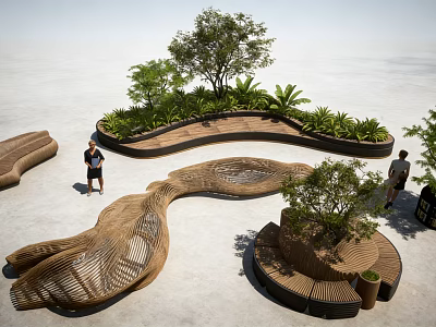 Modern Outdoor Tree Planter With Curved Wooden Structure And Green Plants 3d model