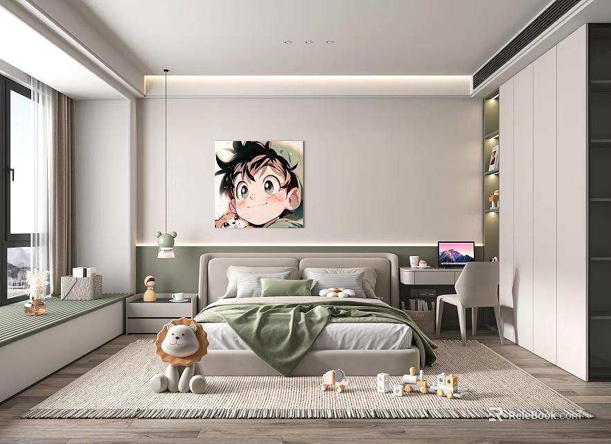 Kids Room Interior Design With Bed Green Blanket Anime Character Painting And Lion Stuffed Toy 3d model 