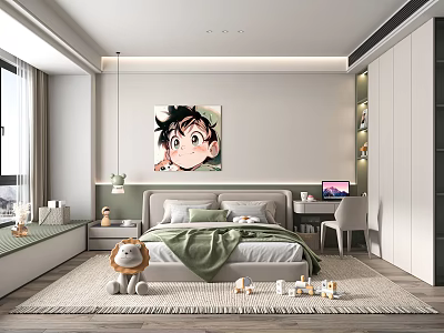 Kids Room Interior Design With Bed Green Blanket Anime Character Painting And Lion Stuffed Toy 3d model