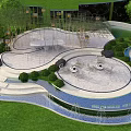 Garden Landscape Design With Circular Fountain Lush Lawn Metal Pergola And Water Features