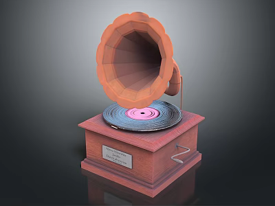 Vintage Gramophone Design With Wooden Base Brass Horn And Vinyl Record 3d model