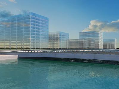 Modern Office Buildings with Glass Curtain Walls Waterfront Reflections Under Blue Sky and White Clouds 3d model