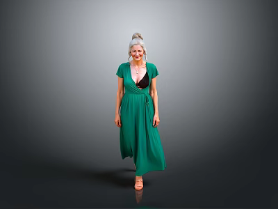 Woman In Green Deep V Neck Dress With Updo Hairstyle Walking On Gray Background 3d model