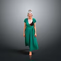 Woman In Green Deep V Neck Dress With Updo Hairstyle Walking On Gray Background