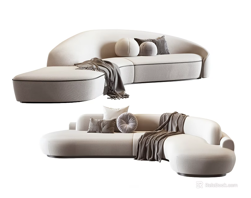 Modern Sectional Sofa With Neutral Upholstery Plush Pillows Cozy Throw Blanket For Living Room Comfort 3d model 