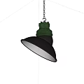 Industrial Style Pendant Light with Black Lampshade Green Metal Top Hanging Against White Brick Wall