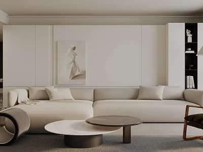Modern Living Room With L shaped Sofa Round Coffee Tables Wall Art And White Cabinet 3d model