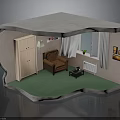 Miniature Room Model Interior With Brown Sofa Wooden Cabinet Table Lamp And Green Carpet