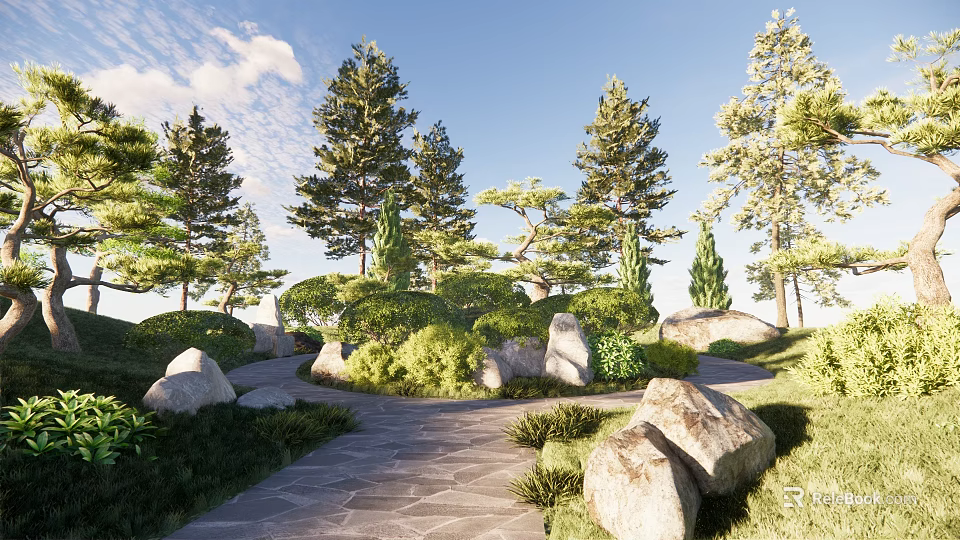Serene Garden Landscape With Stone Path Tall Trees And Green Plants 3d model 