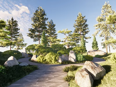 Serene Garden Landscape With Stone Path Tall Trees And Green Plants 3d model