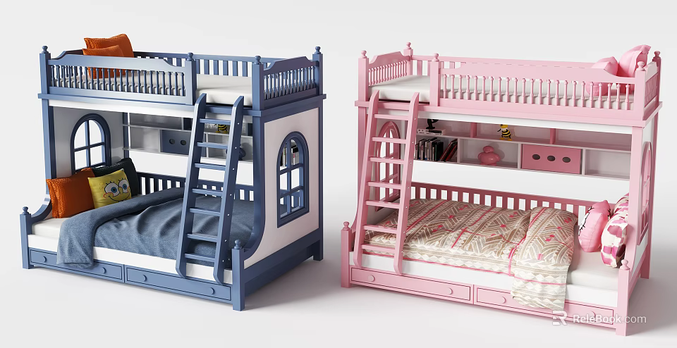 Kids Bunk Bed with Blue and Pink Design Storage Drawers and Ladder Guardrail 3d model 