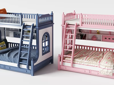 Kids Bunk Bed with Blue and Pink Design Storage Drawers and Ladder Guardrail 3d model