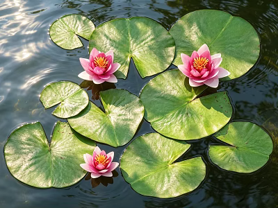 Aquatic Animals In Pond With Floating Green Lotus Leaves And Pink Water Lilies 3d model