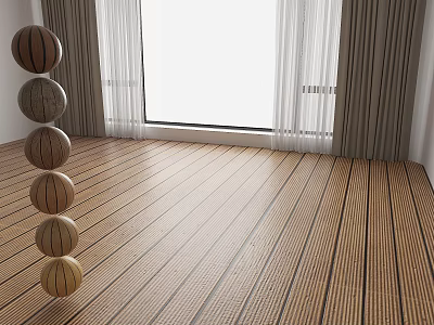 Bright Room With Natural Wooden Floor Large Window Curtains And Spherical Decor 3d model
