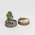 Bonsai Grass And Small Stones In Round Pots With Miniature Water Stream Decorative Garden