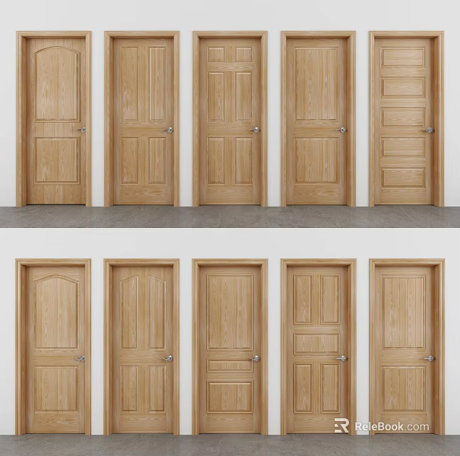 Wooden Hinged Doors with Various Panel Designs and Classic Interior Styles 3d model