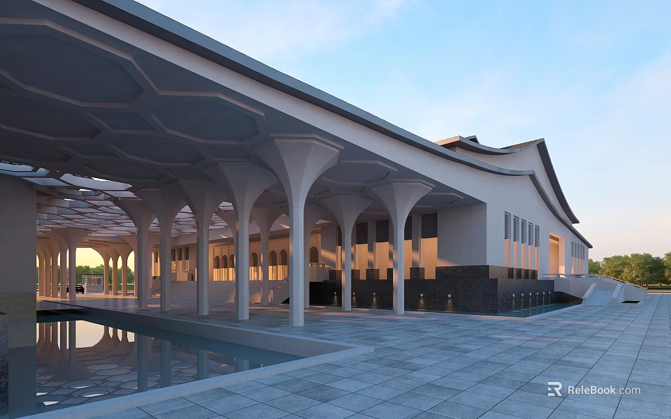 Grand White Building with Arched Columns Pool and Gray Tiled Floor Exterior 3d model 