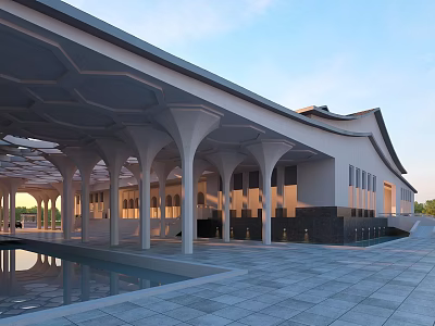 Grand White Building with Arched Columns Pool and Gray Tiled Floor Exterior 3d model