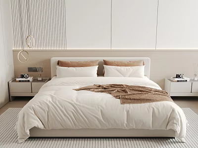 Modern Double Bed with White Bedspread Brown Pillows Blanket Nightstands and Striped Wall Decor 3d model