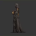 Hooded Woman In Long Robe Holding Glowing Lantern Against Gray Background