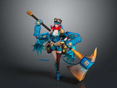 Steampunk Themed Game Character With Blue Mechanical Armor Large Axe And Goggles 3d model
