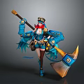 Steampunk Themed Game Character With Blue Mechanical Armor Large Axe And Goggles 3d model