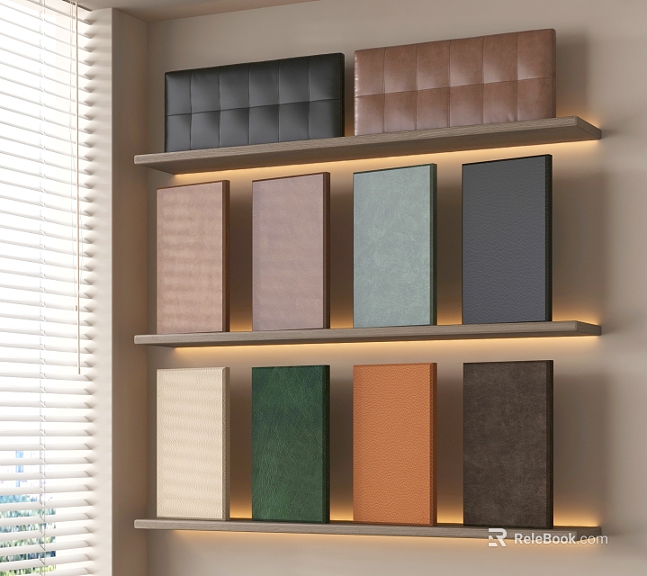 Upholstered Decorative Panels Displayed on Multi Layer Shelves with Various Colors and Textures 3d model 