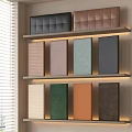 Upholstered Decorative Panels Displayed on Multi Layer Shelves with Various Colors and Textures