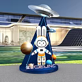 Modern Exhibition Display With Blue Structures Moon Theme And Astronaut Elements