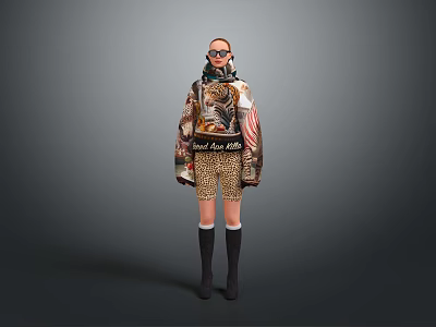 Fashionable Woman Wearing Colorful Printed Coat Leopard Print Shorts Knee High Socks And Boots 3d model