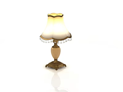 Elegant Vintage Table Lamp With Gold Base And White Fringed Lampshade 3d model