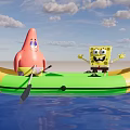 SpongeBob SquarePants And Patrick Star On Inflatable Raft With Water Reflection And Mountains 3d model