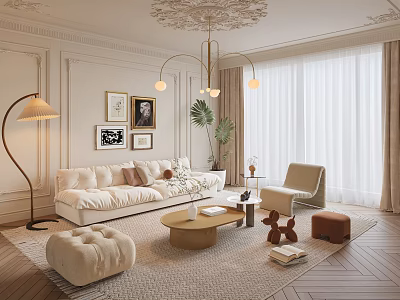 Modern Living Room Interior With White Sofa Coffee Table Wall Paintings And Chandelier 3d model