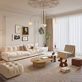 Modern Living Room Interior With White Sofa Coffee Table Wall Paintings And Chandelier