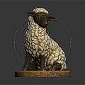 Decorative Lamb Sculpture With White Textured Wool Black Face And Wooden Base
