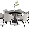 Modern Round Dining Table Set With Black Tabletop Pedestal Base And Light Gray Chairs 3d model