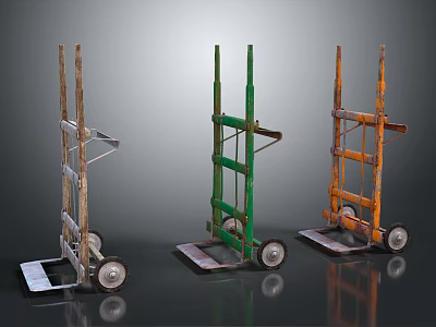 Three Vintage Hand Trucks Gray Green Orange Metal Frames Wheels And Platform Bases 3d model