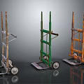 Three Vintage Hand Trucks Gray Green Orange Metal Frames Wheels And Platform Bases