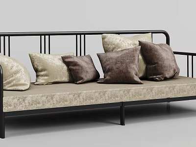 Modern Two Seater Sofa With Black Metal Frame Beige Cushion And Beige Brown Decorative Pillows 3d model